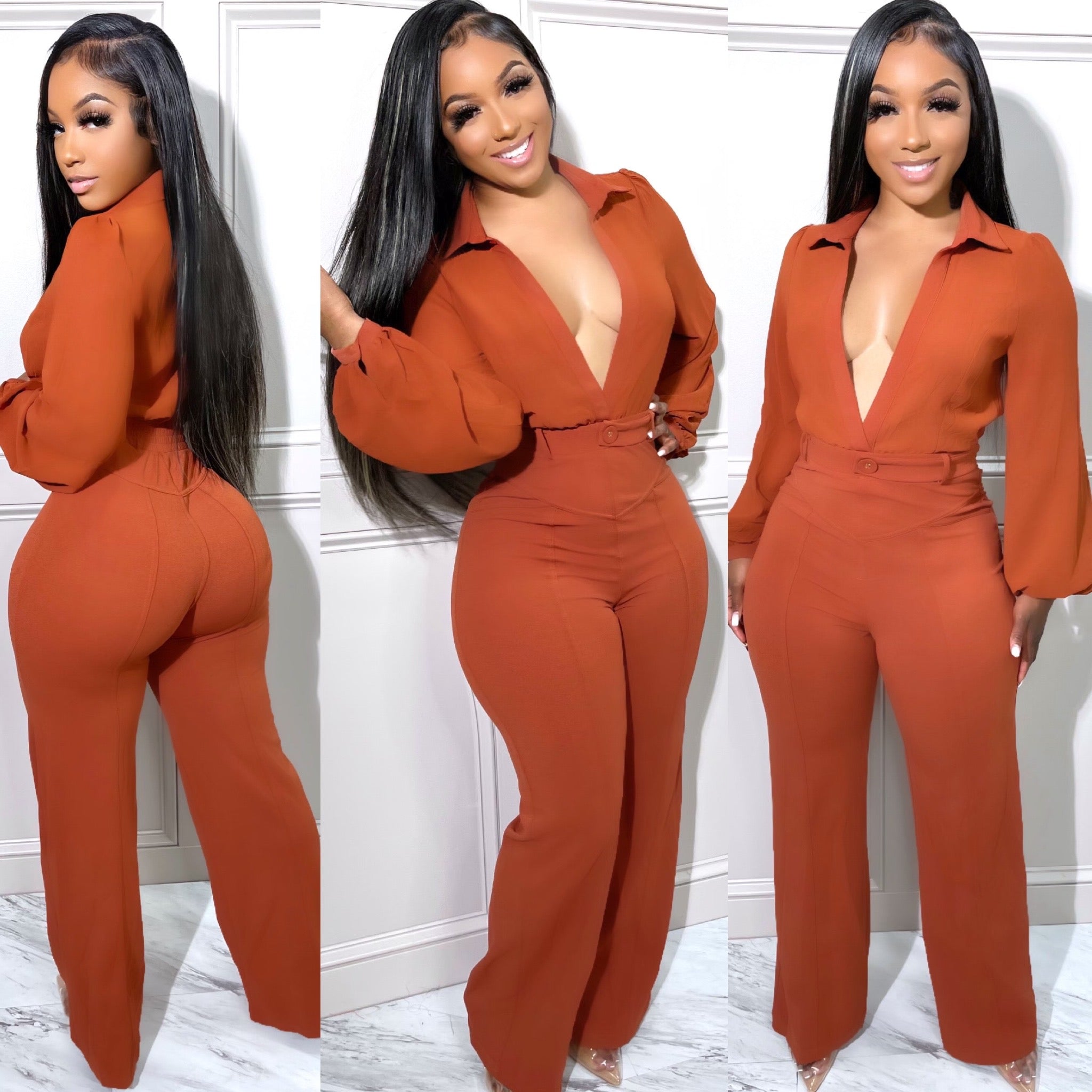 Ladies' Fashionable Slim Fit Sexy V-neck Long Sleeved Slimming Jumpsuit