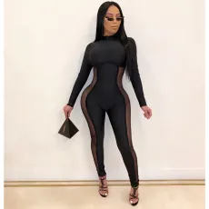 Sexy perspective tight mesh stitched one-piece pants