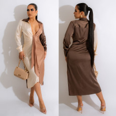 Sexy solid color stitched strap V-Neck long sleeve dress