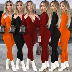 Sexy solid color V-neck cross fold loose long sleeve pants two-piece set