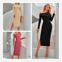 Fashion slant shoulder solid color slim knit dress