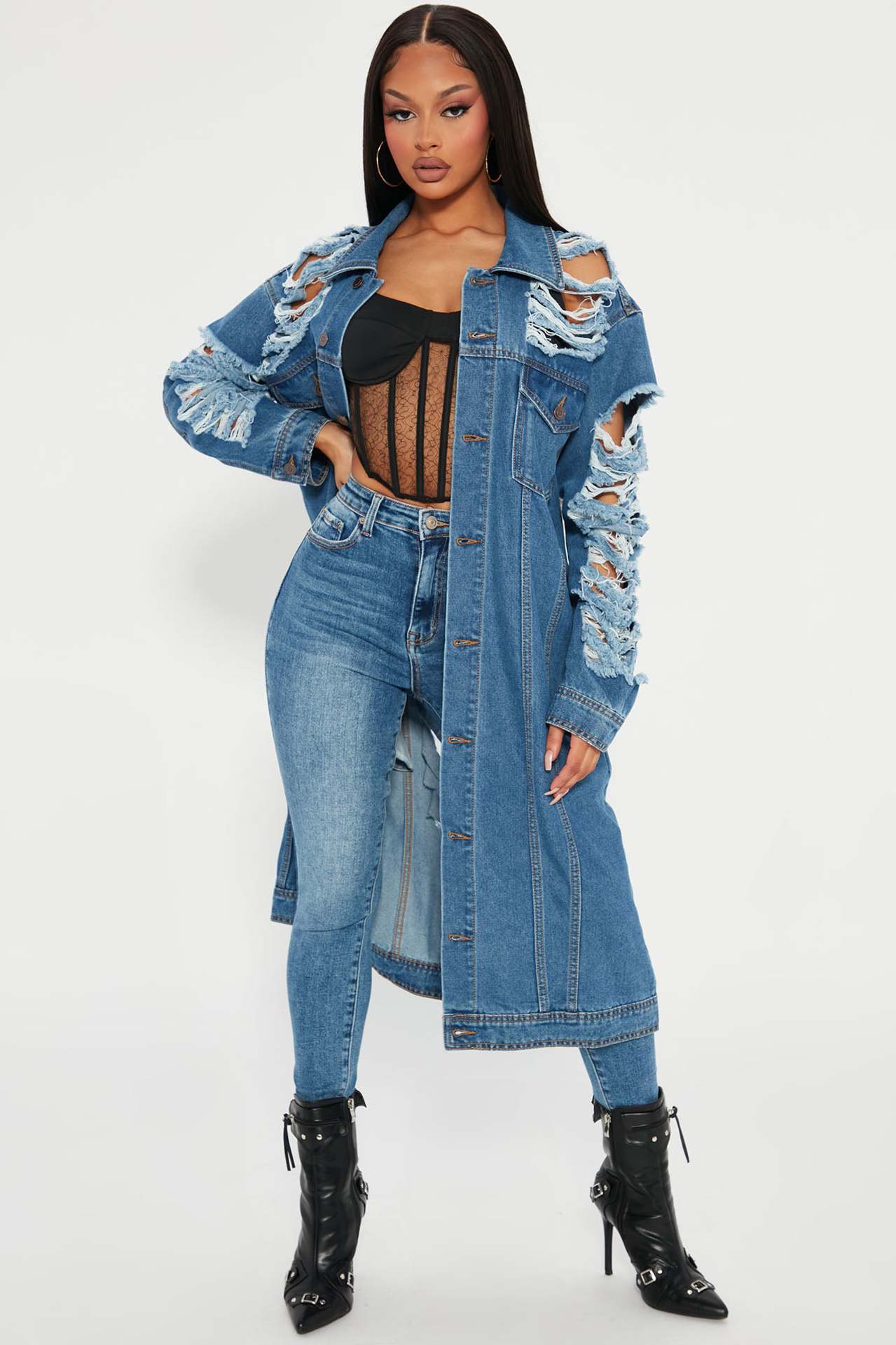 Ripped long sleeve shoulder off denim trench coat