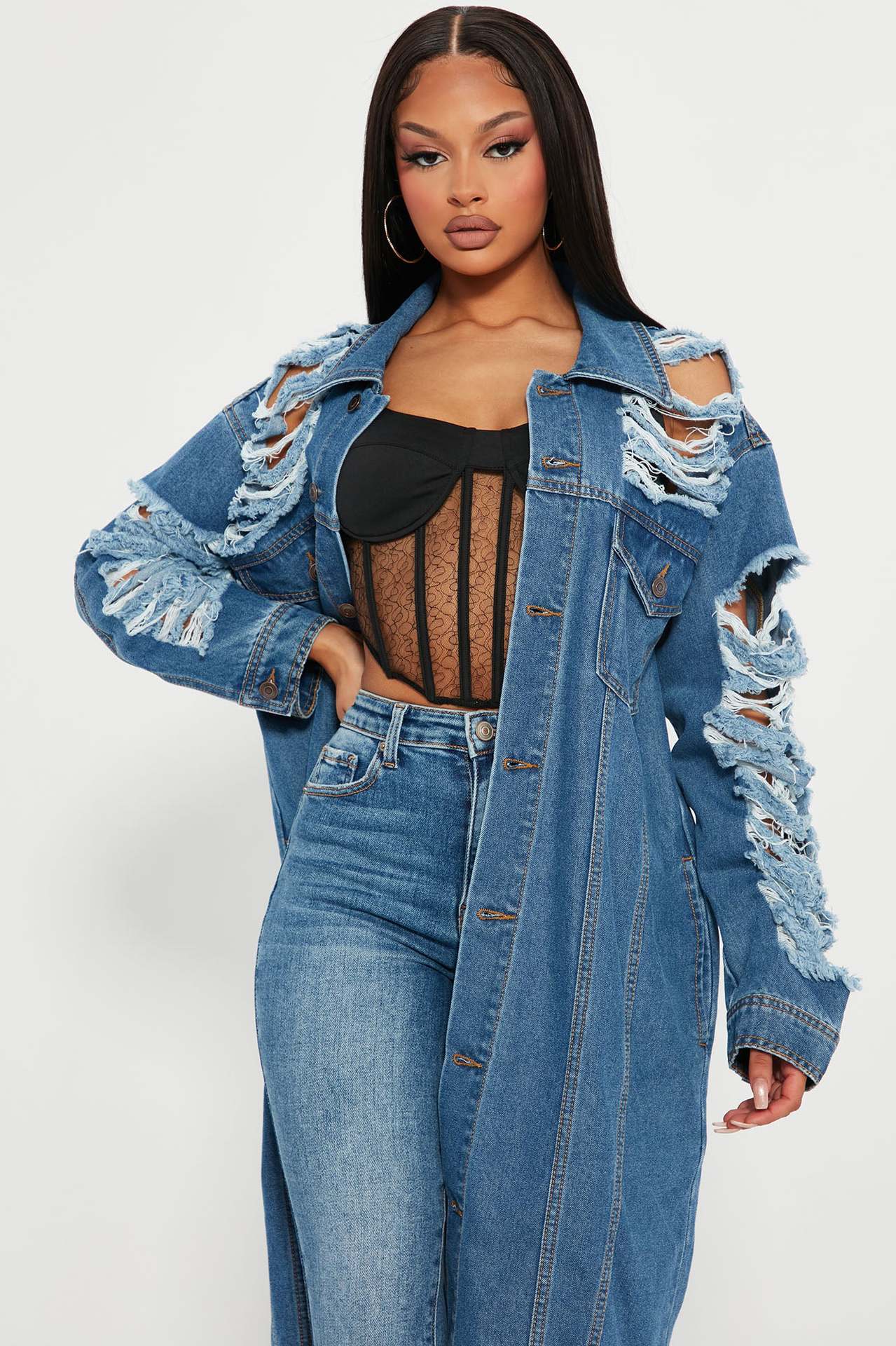 Ripped long sleeve shoulder off denim trench coat