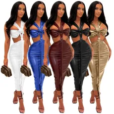 Hanging neck tied Pu dress