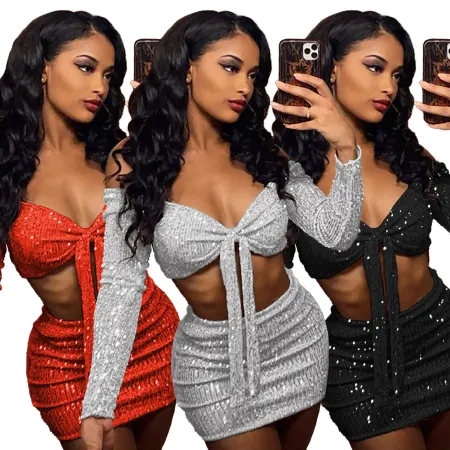 One shoulder Sequin lace up sexy skirt two piece set