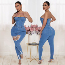 Fashion perforated Strapless jeans Jumpsuit