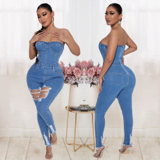 Fashion perforated Strapless jeans Jumpsuit