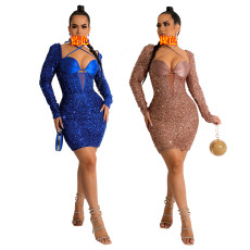 Sequin sexy hip wrap long sleeve party dress