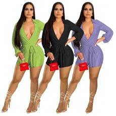 V-neck sexy crimp lace up casual Jumpsuit