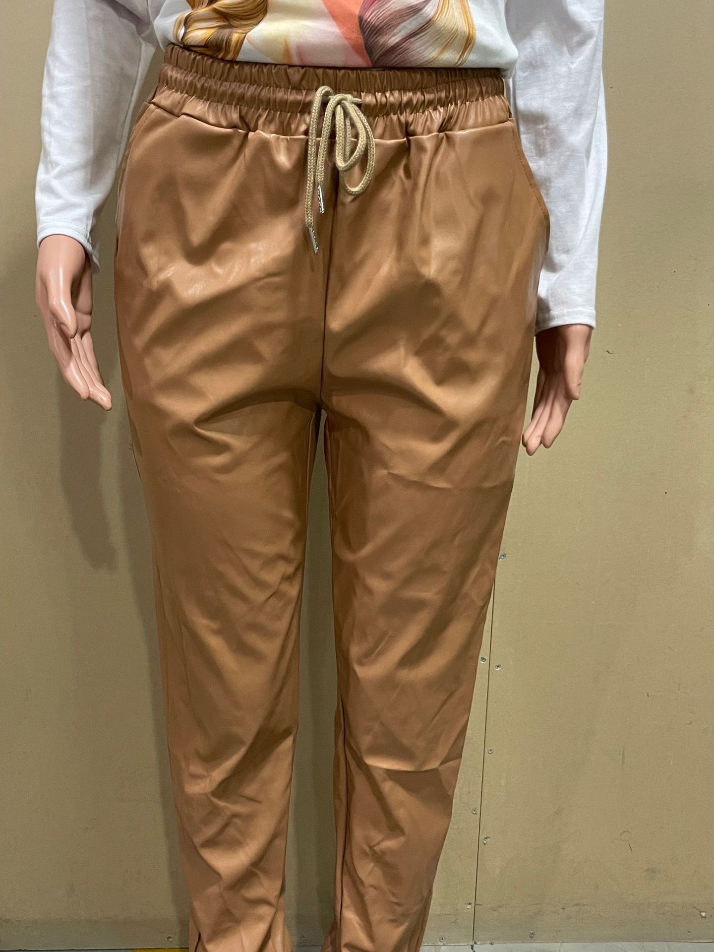 Fashion leg binding drawstring leather pants