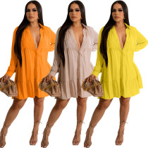 Long sleeve pleated Lapel shirt dress