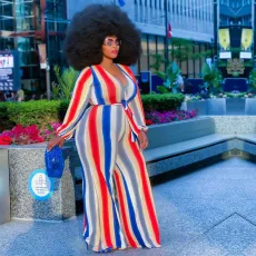 PRINTED STRIPE LOOSE V-NECK JUMPSUIT