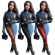 Fashion slim jeans Pu combination casual pants