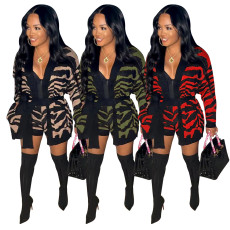 Knitted leopard sweater coat+shorts suit
