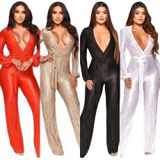 Sexy V-neck strap pleated wide leg jumpsuit