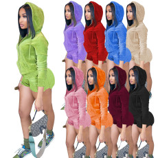 Hooded Velvet Ruffle Shorts Irregular Casual Set