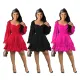 Sexy square neck long sleeve ruffle hem dress