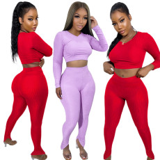 Casual V-neck long sleeve knitting pencil pants suit