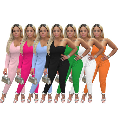 Fashionable sexy diagonal shoulder single sleeve simple design two-piece set