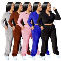 Two piece Korean velvet fashion solid color sports casual small flare pants
