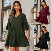 Fashion V-neck solid loose dress