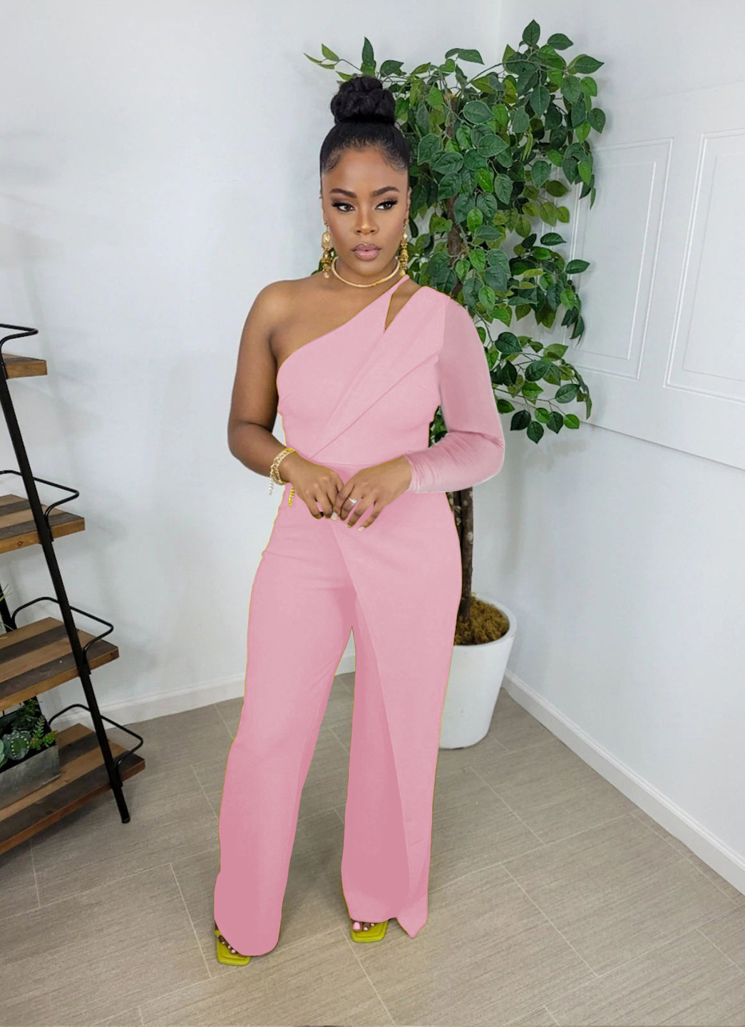 Cold-Shoulder Long Sleeve Wide-Leg Jumpsuit With Floral Waist Detail main image 0