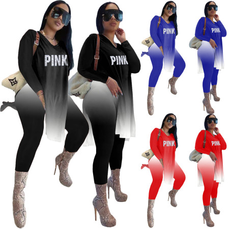 Fashion women's clothing Autumn and winter gradual change letter printing two-piece set