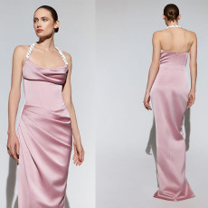 Neck hanging bridesmaid slim dress
