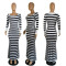 Autumn and winter black and white striped hip wrap long dress