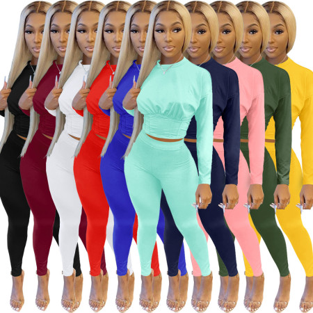Solid color sports waist collection suit, fashionable and casual two-piece set