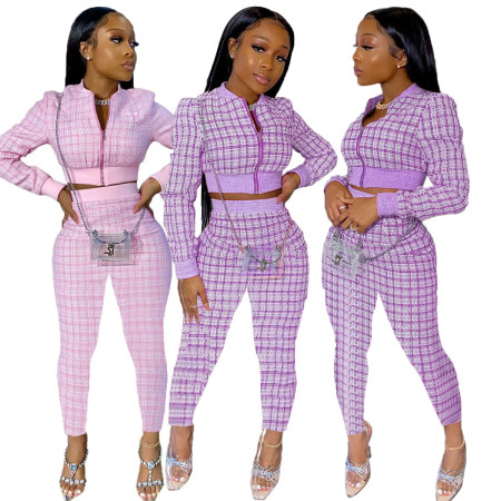 Plaid printed long sleeved trousers two-piece suit