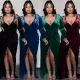Velvet hot drill long sleeve long skirt V-neck dress