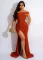Slightly shouldered flat neck silk glossy dress