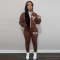 Autumn and winter plush sweater zipper hooded two-piece set