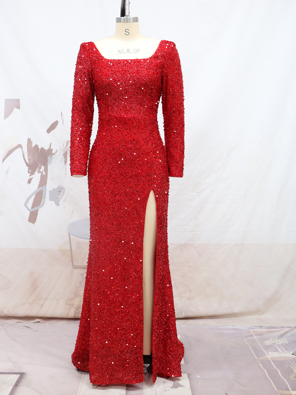 Beaded Off Shoulder Long Sleeve Dress With Slit Black main image 1