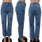 Zipper embroidered straight wash jeans