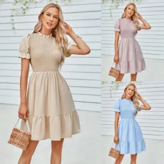 Slim stand collar waist closing short sleeve skater dresses