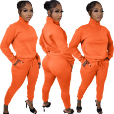 New fashion solid color sports pullover zipper stand collar two-piece set