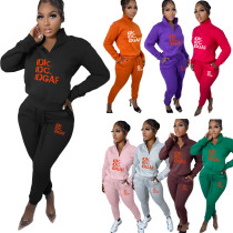 Printed letter plush pullover zipper casual sports suit