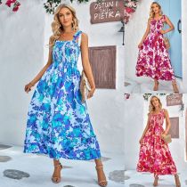 Casual printed waist sleeveless lace up dress