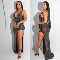 Sexy v-neck perspective slim fitting hot drill dress