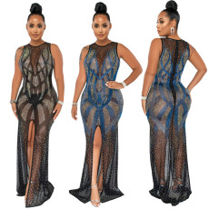 Oversize mesh hot drilling sexy tight evening dress
