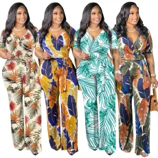 Oversized printed V-neck strap sexy jumpsuit
