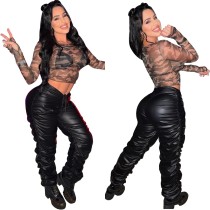 New Casual Pants Fashion Pleated Tie Slim Leather Pants