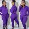 Fashion solid color sweater casual sports stand collar zipper two-piece set
