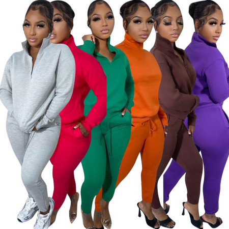 Fashion solid color sweater casual sports stand collar zipper two-piece set