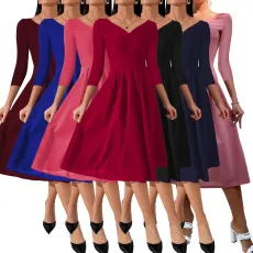 Sexy fashion solid V-neck  Skater Dresses