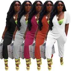 New Solid Deep V Open Neck Irregular Front Jumpsuit