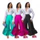 Fashionable zipper waist ruffle satin wide leg pants