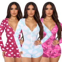 Threaded household wear V-neck printed jumpsuit